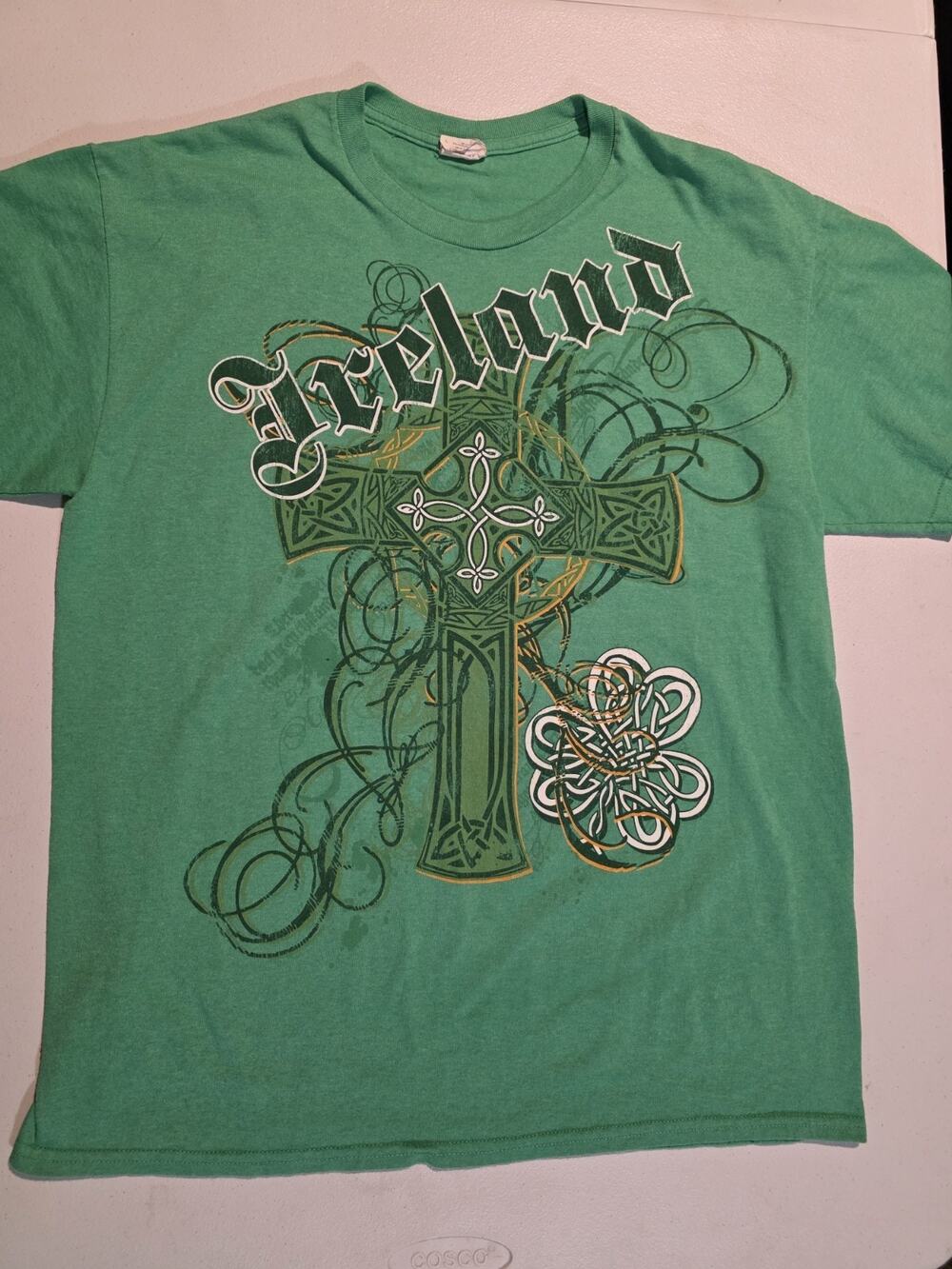 Y2K Ireland Tshirt Mens Large Green Cross Print Grunge Skater EUC